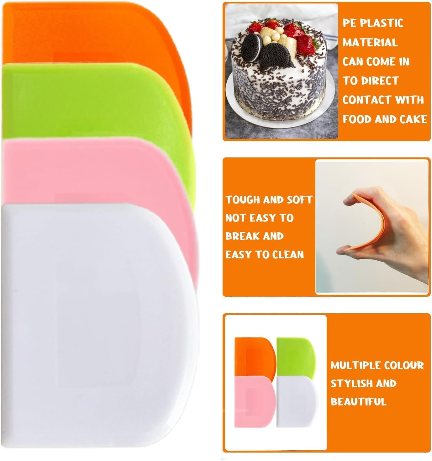 4 Pack Dough Scraper Bench Scraper for Baking, BPA Free PE Plastic Flexible Bowl Scraper, Food-Safe Plastic Dough Cutter for Bread Cake Dough Fondant Icing, White/Green/Orange/Pink image number 6