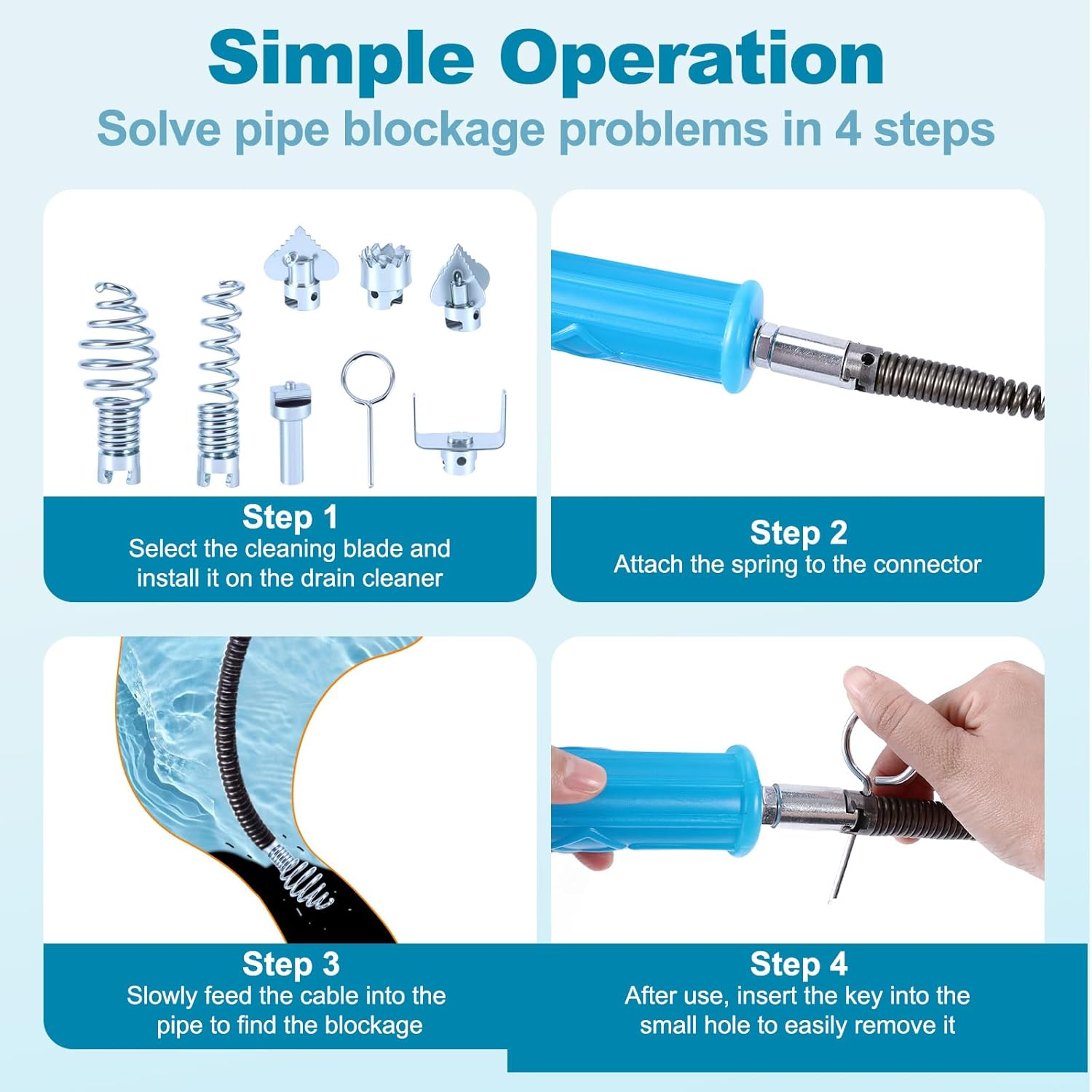 Drain Cleaner Spiral 5 M &ndash; Drain Pipe Cleaning Spiral Diameter 12 Mm, with 6 Pieces Drain Cleaner Cutting Head for Pipe Cleaning with Drill Tip Drain Snake