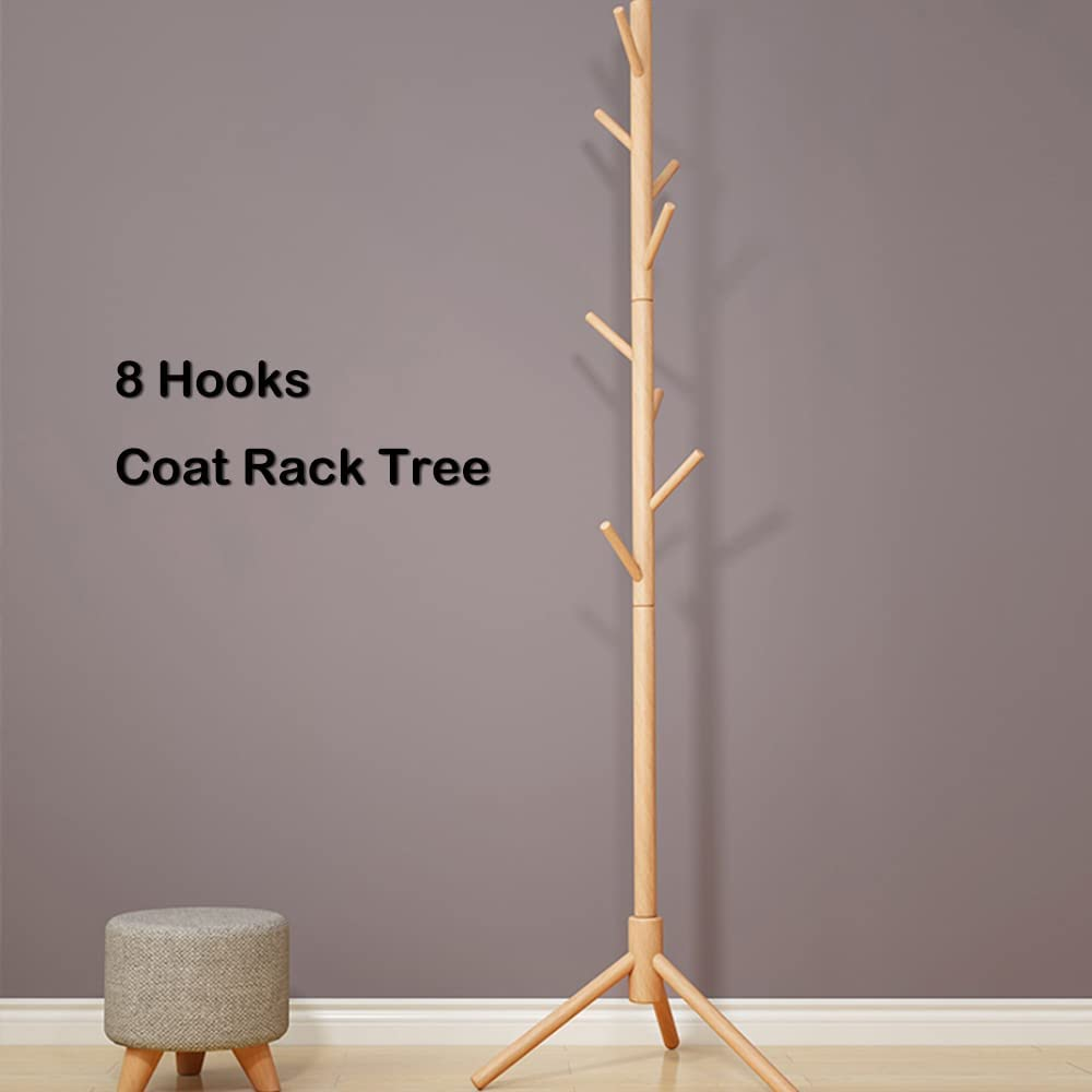 Joiena Wooden Coat Rack Tree with 8 Hooks, 3 Adjustable Sizes Free Standing, Solid Wood, Super Easy Assembly Hallway, Entryway Coat Hanger Stand for Clothes Suits (Wood) image number 5