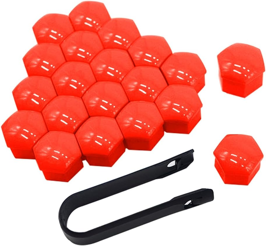Qitindasen Pack of 20 17Mm Car Wheel Nut Covers, Universal Tyre Nut Caps, Hexagonal Car Hub Screw Cover with Removal Tool (Red)