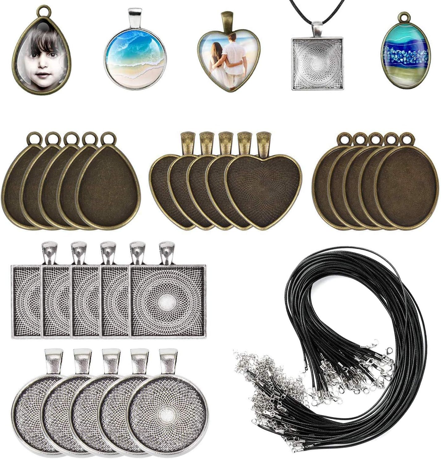 Yitaocity 30Pcs Pendant Trays, 5 Styles Heart round Square Teardrop Oval Blank Bezels Pendant Trays with 30Pcs Silicone Resin Mold +20 Pcs Necklace Cord for Crafting DIY Jewelry Making