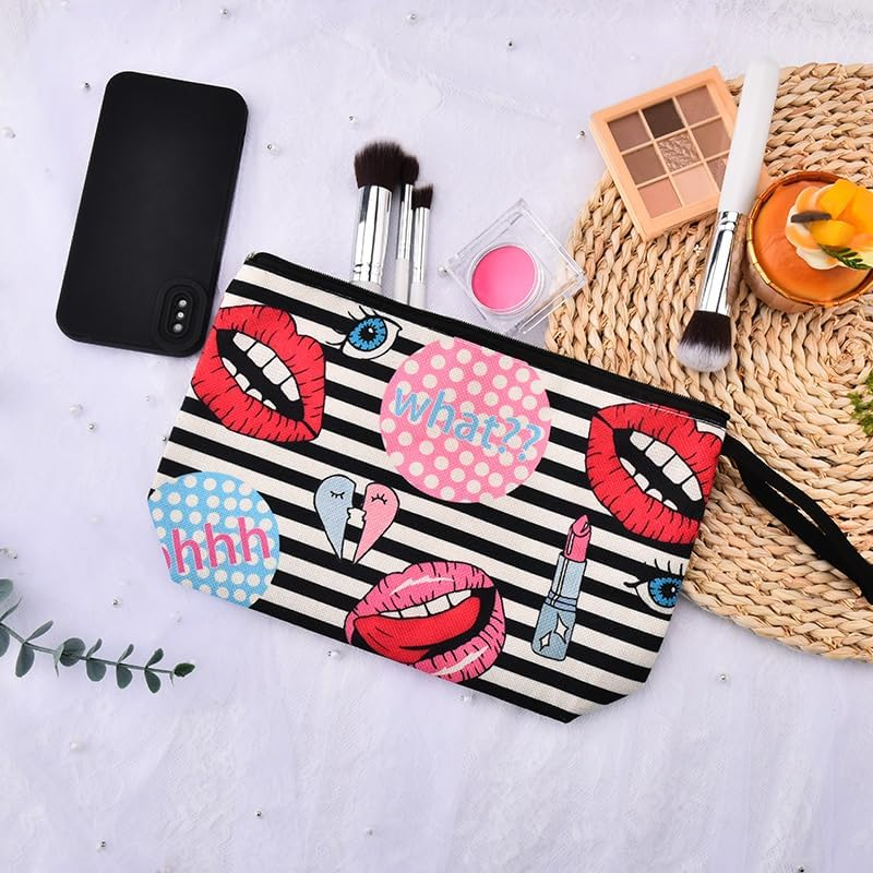 Funny Lips Print Makeup Bag for Women Girls Stripe Travel Cosmetic Pouch for Best Friend Bestie Anniversary Birthday Gifts for Daughter Fashionistas Lipstick Print Make up Organizer Makeup Lover Gift image number 4