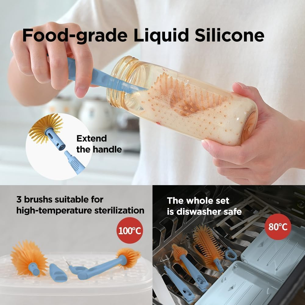 WADY Baby Bottle Brush Kit - Stable Bottle Cleaning Kit Easy to Use Baby Bottle Cleaning Tool Portable Traveling Bottle Cleaner Kit Versatile Baby Bottle Cleaner Brush Set for Babies (Blue) - Green image number 3