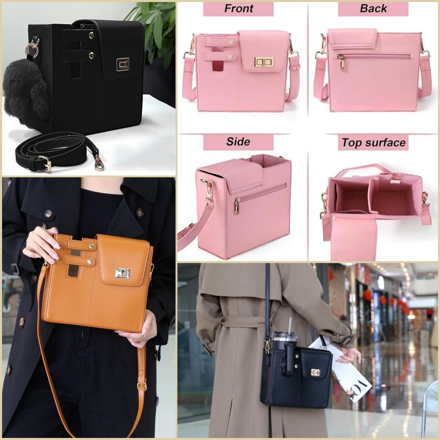 Taicols Water Bottle Bag Crossbody,Water Bottle Carrier Bag for Stanleys Cup,Pu Cup Bag with Adjustable Shoulder Strap,Water Bottle Holder Crossbody, Portable Crossbody Water Cup Storage Bag - Pink image number 3