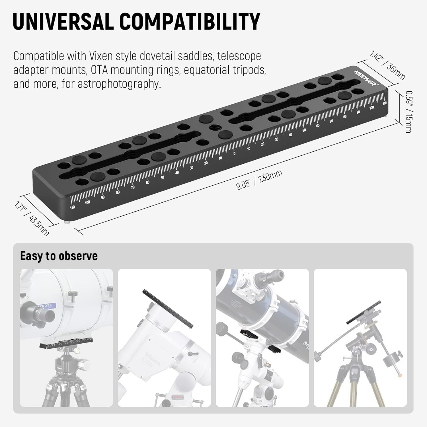 NEEWER 9"/230Mm Rail Bar Vixen Style Dovetail Plate, Metal Mounting Plate Saddle with M6 1/4" 3/8" Camera Screw for Telescope Mount Adapter OTA Equatorial Tripod Sky Astrophotography, QR003 image number 6