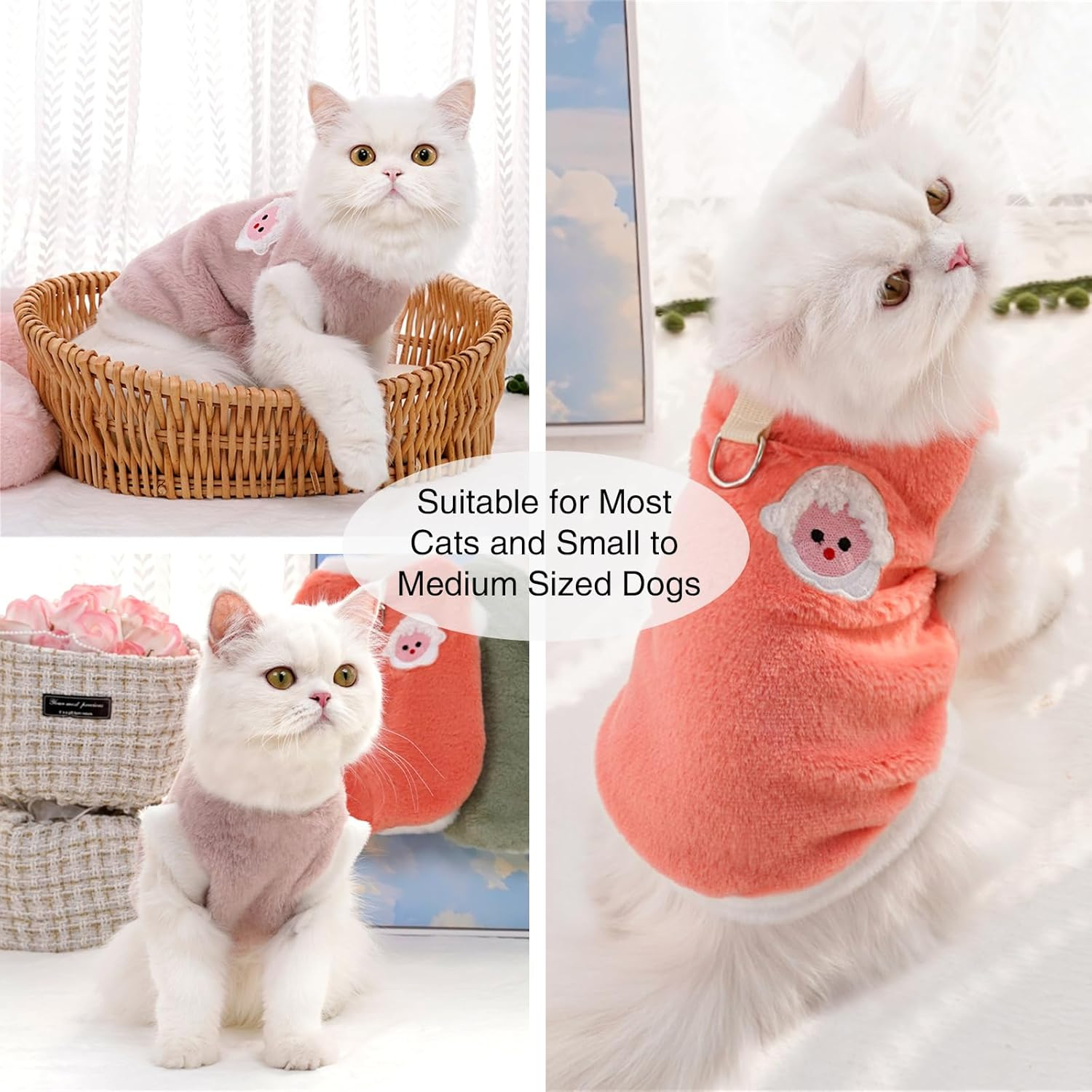 Yaopelkyy2Pcs Cat Winter Clothes with Leash D-Ring Small Medium Dog Fleece Outfit Animal Print Pet Pullover Apparel (Orange-Pink, M) image number 1