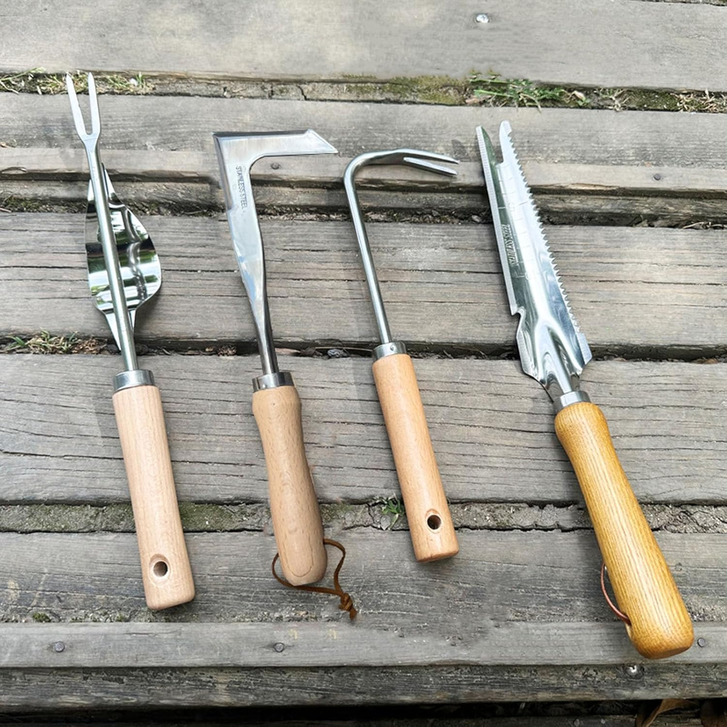 Shgarden Weed Puller Tool 4Pcs Crack Weeder Crevice Weeding Tool Stainless Steel Manual Weeder Paver Multifunctional Garden Crack Hand Weed Remover with Wooden Handle for Lawn Garden SH0082 image number 2