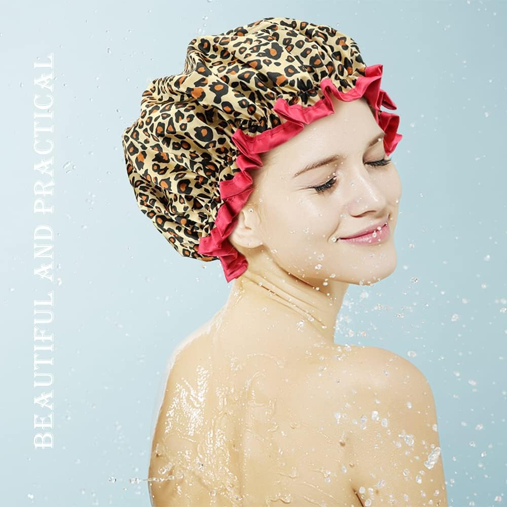 TCOTBE 4 Pieces Shower Cap for Women, Elastic and Reusable, Environmental Protection Hair Bath Caps, Double Waterproof Layers Bathing Hat -For Long, Short and Curly Hairs