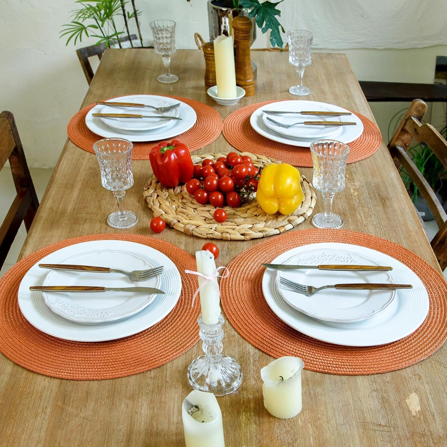 Round Braided Placemats Set of 4 15 Inch round Table Mats for Dining Table Heat Resistant Non-Slip Circle Place Mats (Orange) - Brown-4 image number 5