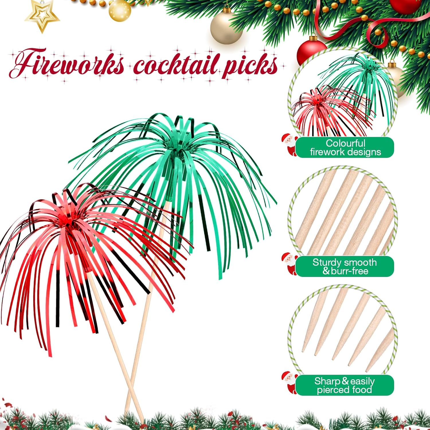 Baderke 150 Pcs Christmas Cocktail Picks, Cupcake Toppers Firework Design Bamboo Toothpicks Cocktail Skewers Sticks Food Picks for Party Decoration Celebration image number 5