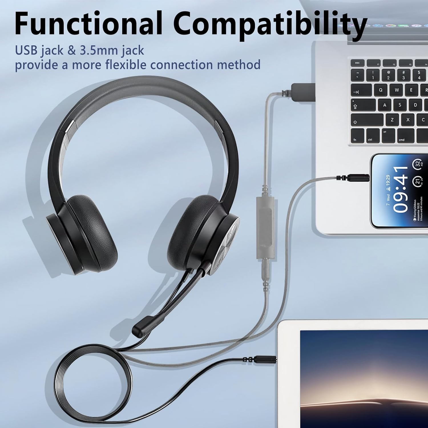 USB Headset with Mic, Wired over Ear Headphone, ANC and Noise Cancelling Microphone of 330 Degrees Rotation, Clear Crystal Sound, Adjustable In-Line Control Microphone, Comfortable Wearing Design image number 3