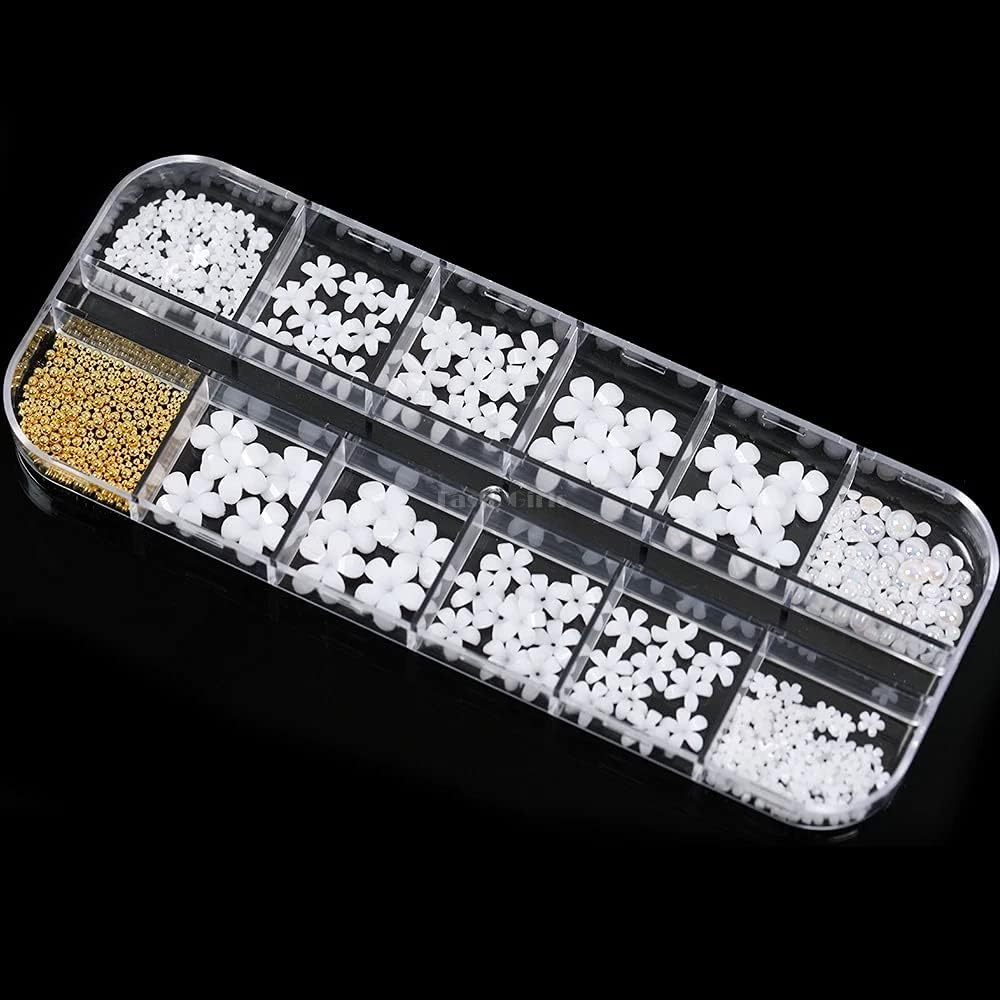 3D Flower Nail Art Charms, 250Pcs White Flowers Nail Rhinestones Kit 3D Crystal Nail Pearls Flat Design Acrylic Nail Art Studs Manicures Nail Accessories for Women Girls image number 2