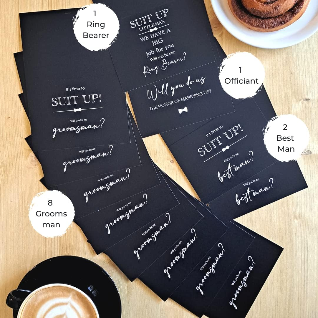 Hat Acrobat 12 Groomsmen Proposal Cards Including Best Man, Ring Bearer and Officiant Cards with Envelopes and Stickers - Wedding Invitation Cards for Groomsmen Gifts (Black) image number 1