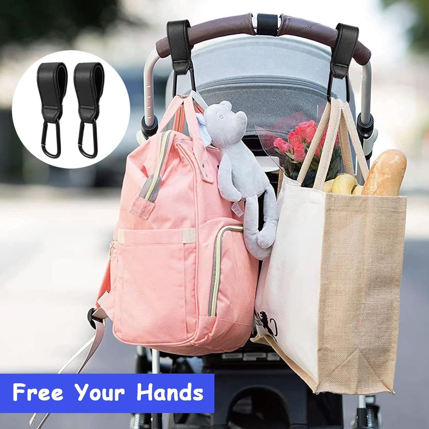Stroller Hooks Clips,Yqqzq 2 Packs Universal Stroller Clips and Hooks for Hanging Diaper Bags Shopping Bags Etc. Multipurpose Adjustable Stroller Carabiner Clip image number 2