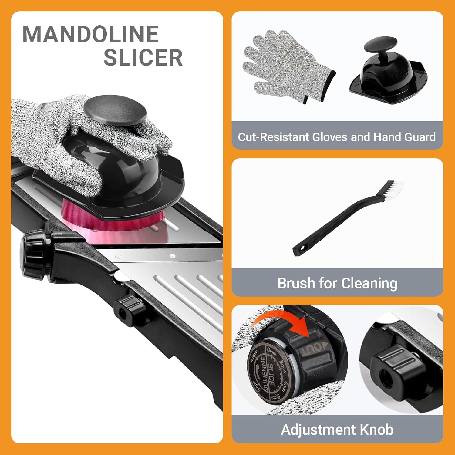 Anowker Multi Purpose Adjustable Handheld Mandoline Slicer for Kitchen, Stainless Steel Onion Cabbage Potato Vegetable Food Slicer with Cut-Resistant Gloves image number 3