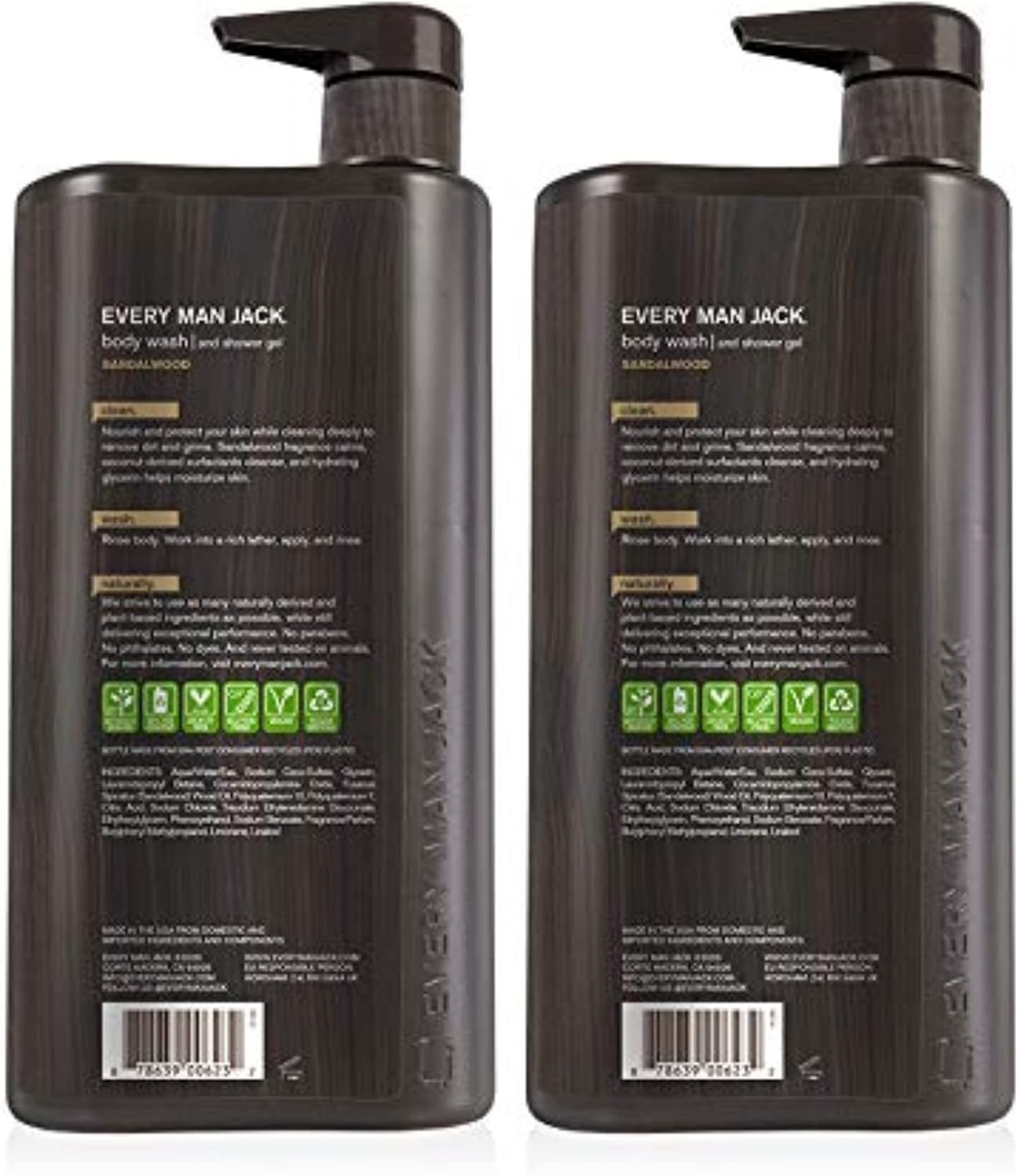 Every Man Jack Mens Sandalwood Body Wash for All Skin Types - Cleanse, Nourish, and Hydrate Your Skin with Naturally Derived Coconut and Glycerin - 2 Bottle image number 1