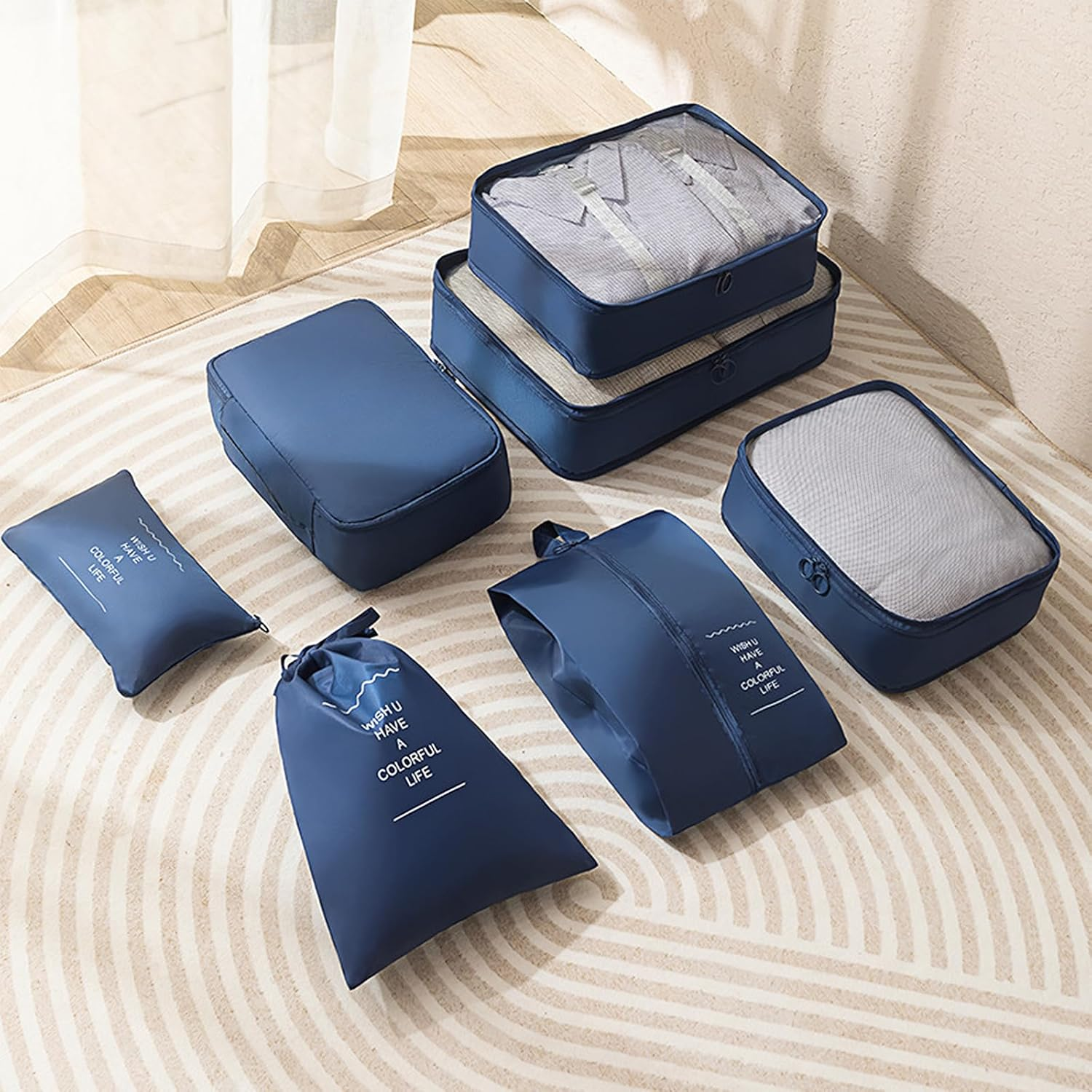 Smlper 8-Set Packing Cubes, Packing Organizer with Various Sizes, Lightweight Luggage Organizer for Carry-On, Suitcase & Travel Accessories (Dark Blue) - Beige image number 4