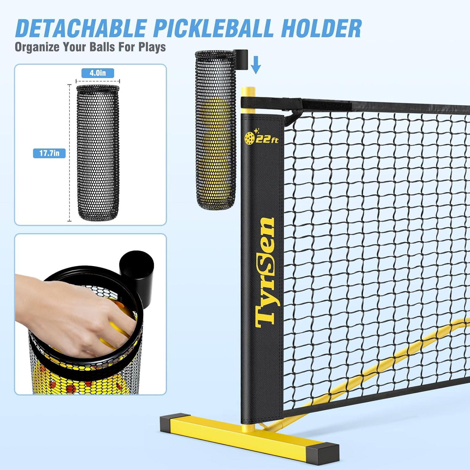 TYRSEN Portable Pickleball Net for Driveway, 22 FT Regulation Size & 11 FT Half Court Size Pickle Ball Net with Ball Collector, 2-In-1 Pickle Ball Net with Carry Bag for Garages Backyard image number 4