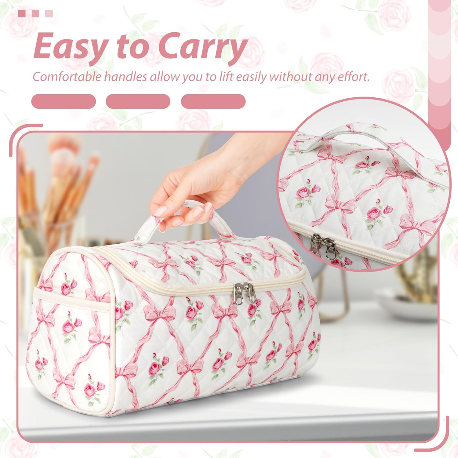 Linpr Travel Case Compatible with Dyson Airwrap & Shark Flex Style, Quilted Travel Hair Dryer Bag with Hook, Portable Hair Tool Organizer for Curling Iron & Accessories, Rose Pink, Modern image number 4