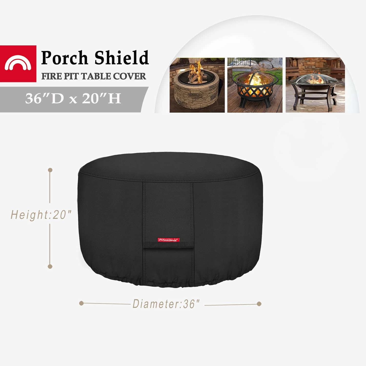 Porch Shield 600D Heavy Duty Patio round Fire Pit/Table/Bowl Cover 36 Inch, 100% Waterproof, Black image number 2