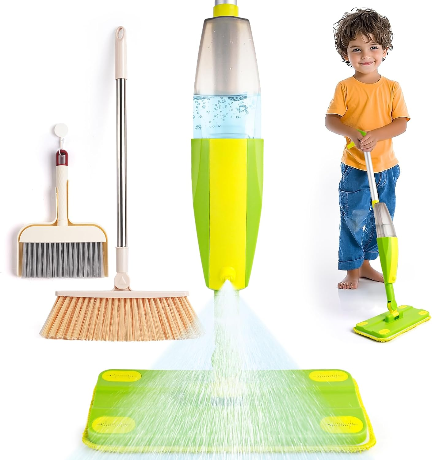 Spray Mop Toy Set for Kids,8 PCS Cleaning Toy Set for Toddler Aged 3+,With Refillable Bottle,Replacement Pads and Broom Head,Dustpan Set,Traceless Storage Rack,Montessori Toys, Kids image number 1