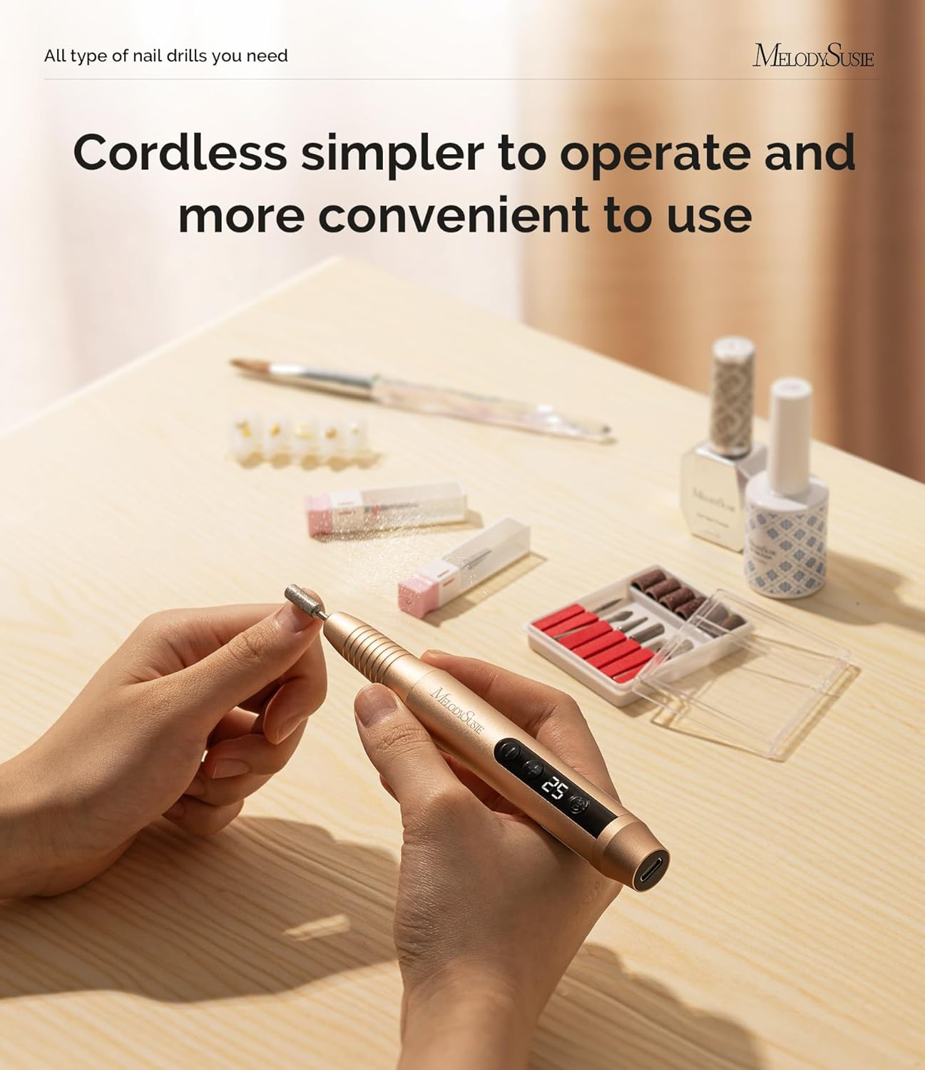 Melodysusie Electric Nail Drill,Cordless Nail File for Acrylic Gel Nails,Pc180G 25,000RPM Professional Portable Nail Drill Efile Manicure Pedicure Polishing Tool with Nail Drill Bits,Sanding Bands