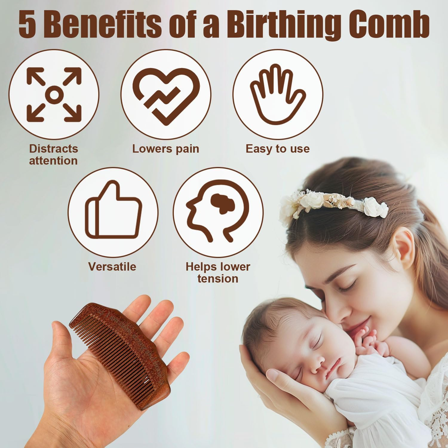 Wooden Hair Comb, Wood Birthing Comb I Am Calm Strong and Brave Comb Labor Pain Comb Childbirth Combs Labor Comb Wooden Pregnancy Comb for Women Natural Birth Essentials Gifts image number 5