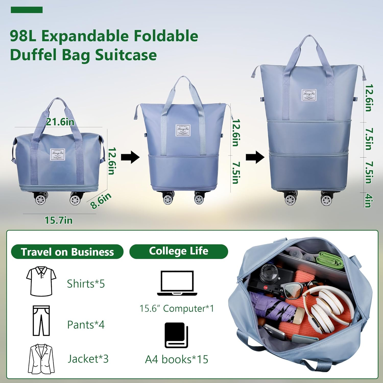 Wymulot Expandable Suitcase, Folding Travel Bag with Wheels, Weekender Travel Bag for Carry-On, Tote Bag with Storage Space，Large Luggage Bag for Business Trips, Camping, Short Trips, Fitness, Misty