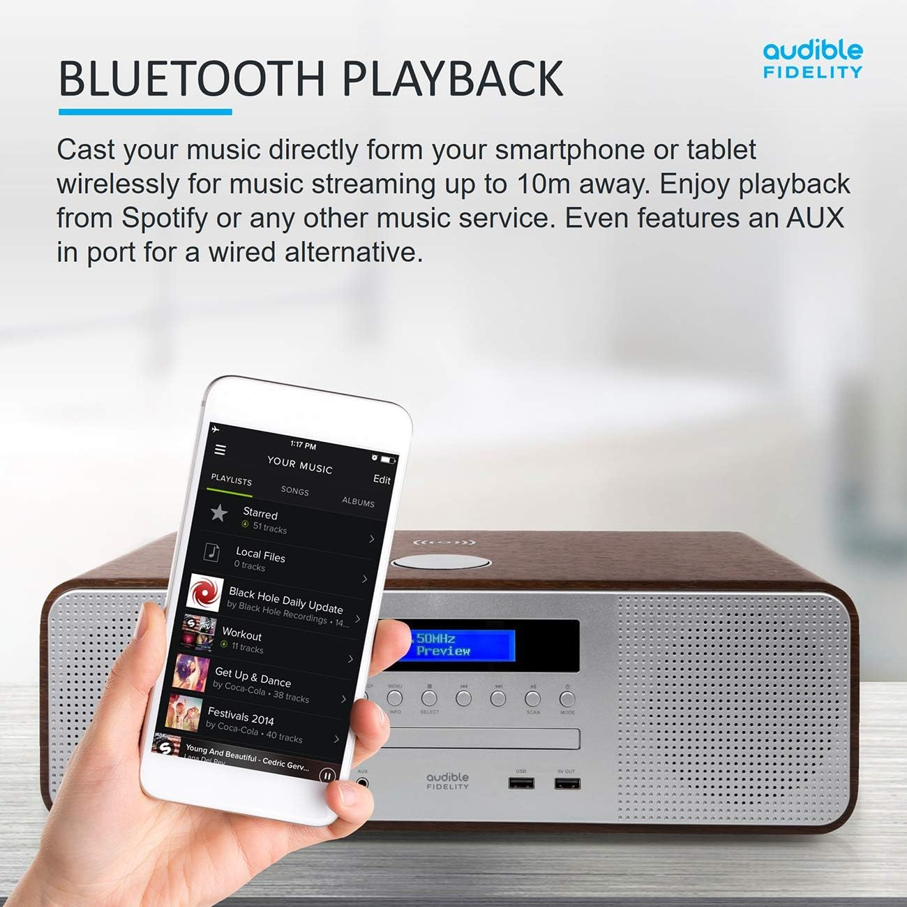AUDIBLE FIDELITY Complete Hi-Fi DAB/DAB+ Stereo System CD Player with Speakers, Wireless Charging & USB Charging, Bluetooth, MP3 Playback, FM & Digital Radio with Remote Control image number 4