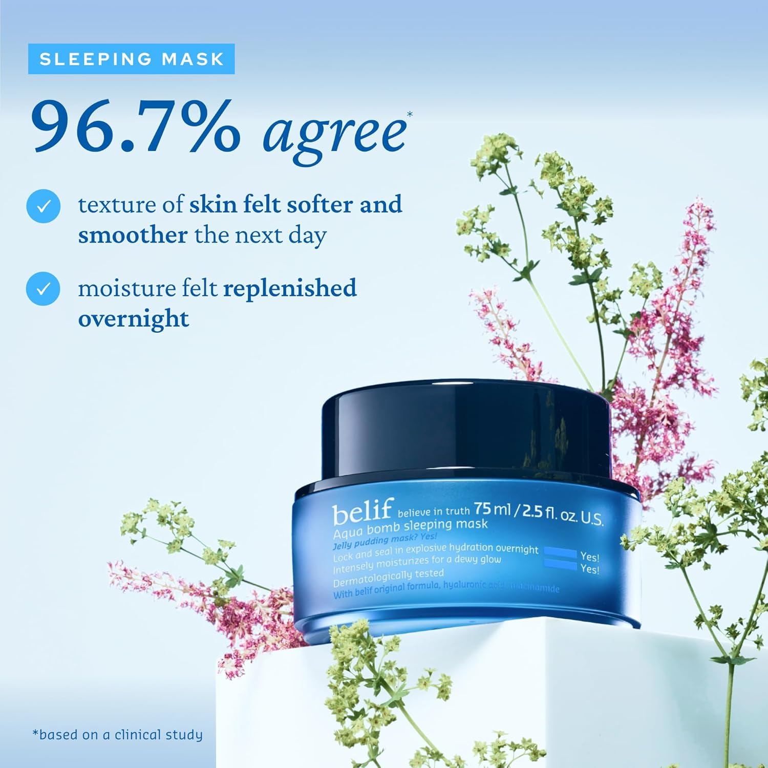Belif Aqua Bomb Sleeping Mask | Hydrating Herbs Rejuvenate, Soothe & Replensihe Fatigued Skin | Antioxidants & Anti-Inflammatory Moisturizing Face Mask | Pore Minimizing Facial Skincare | 2.53 Fl Oz image number 4