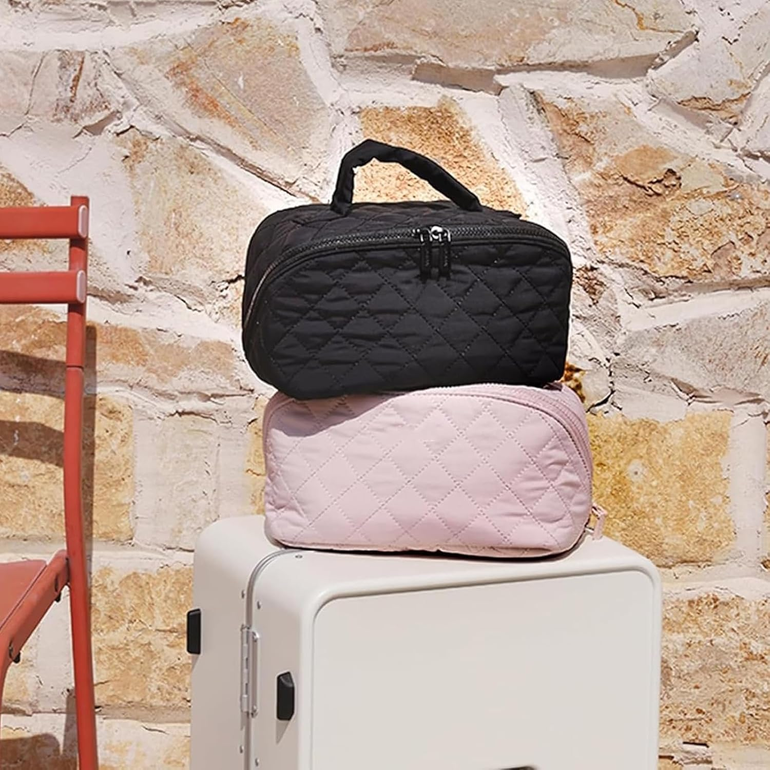 Petition Makeup Bag for Woman, Wide Open Lay-Flat Water-Resistant Cosmetic Case, Expandable Makeup Bag, Pouch Open Flat Small Toiletry Bags, with Brush Compartment, Handle (Blue) - Blue image number 2