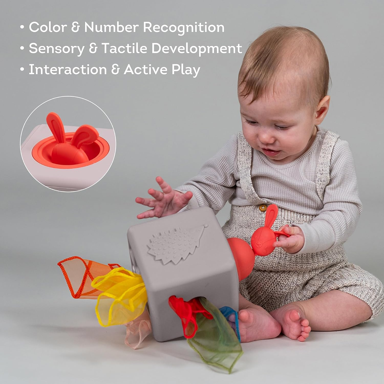 Taf Toys Baby Tissue Box Montessori Toy for Babies - Sensory & Motor Skills Development Silicone Box with 10 Fabric Tissues, Pop-Up Bunny, Toys for 1 Year Old Boy Girl Preschool Toy image number 3