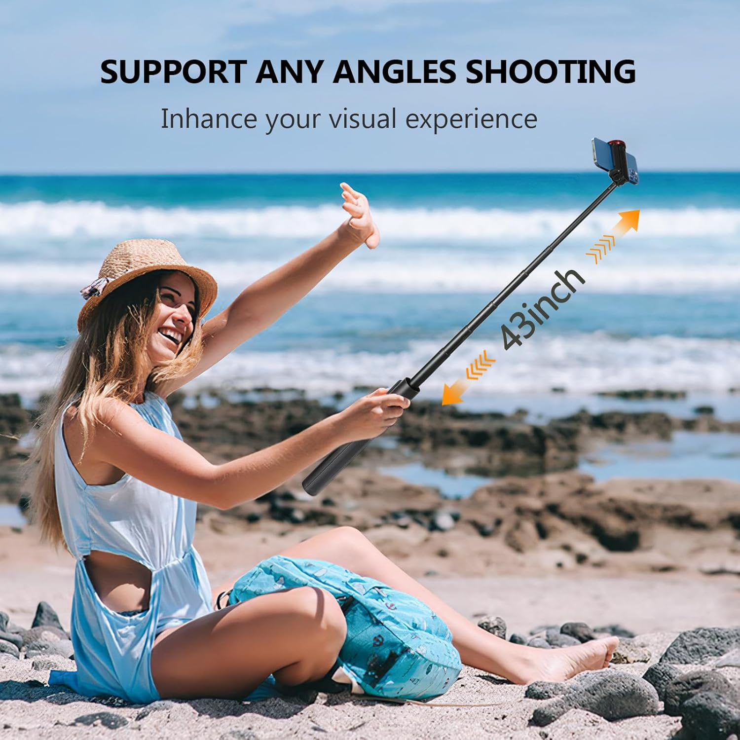 Wireless Selfie Stick, 43" Tripod Stand and Detachable Wireless Remote, Support Video Record, 360&deg; Adjustable Extendable Monopod for Iphone 17/16/15/14 Pro Max, Galaxy Series Phone Video Recording image number 1