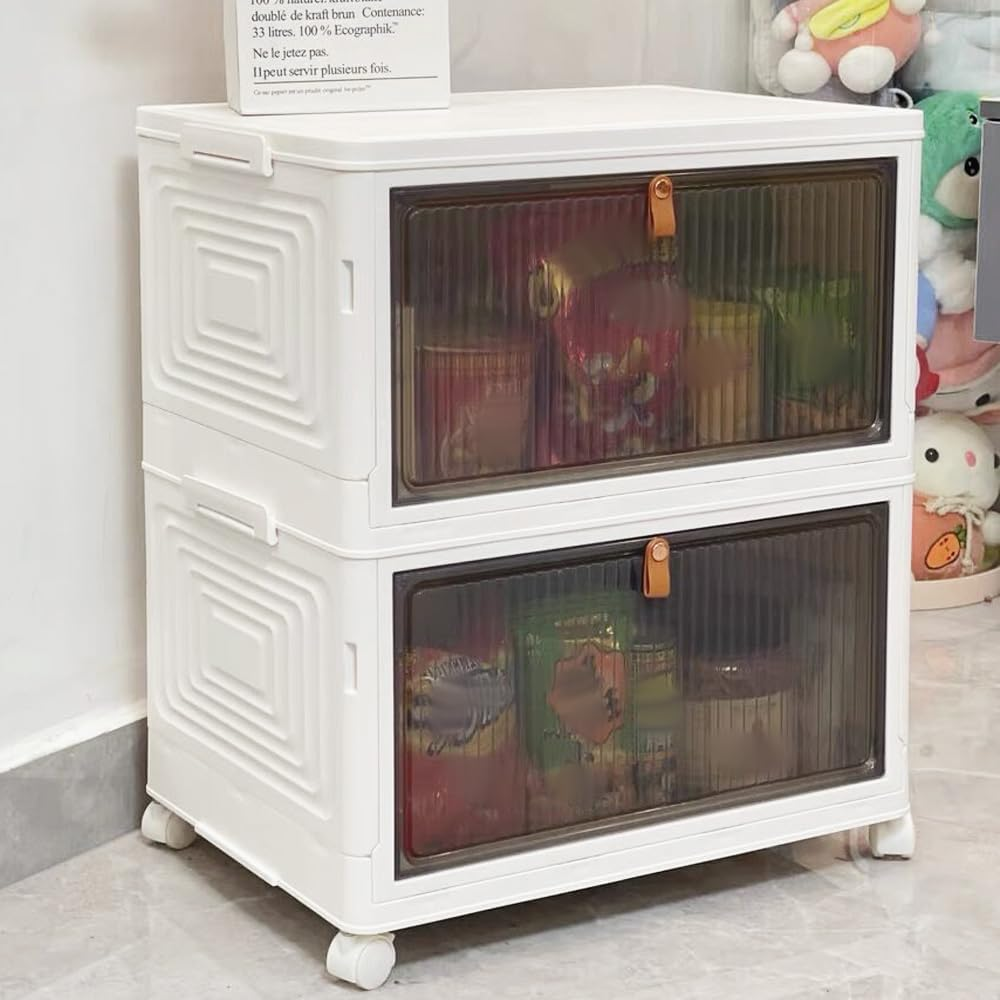 2-Tier Dustproof Plastic Storage Box on Wheels &ndash; White Rolling Bedside Cart Organizer for Clothes, Shoes, Books, Toys, Snacks &ndash; Storage Shelf for Living Room, Bedroom, Office image number 3