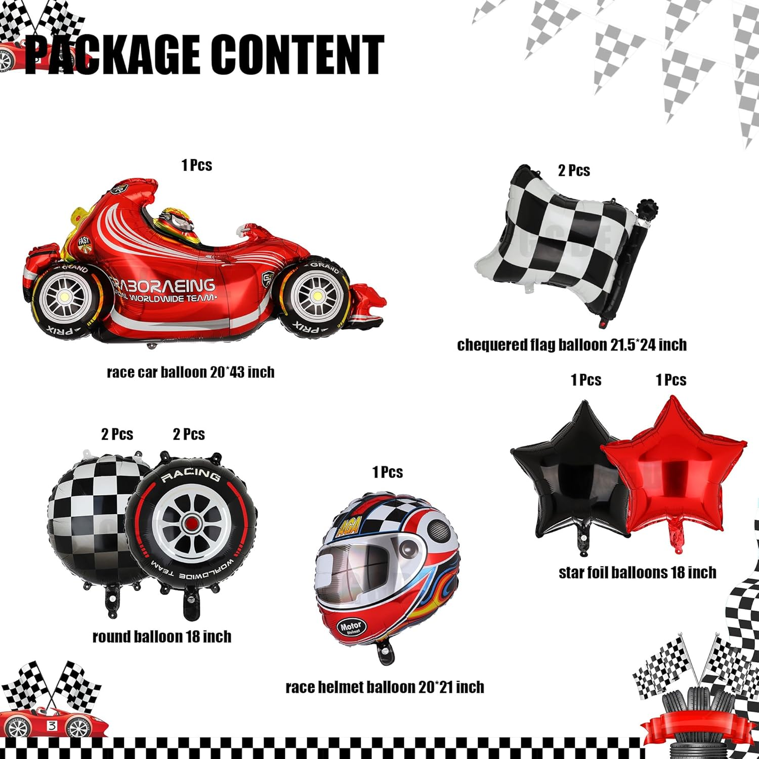 Race Car Balloons Tire Balloon Chequered Flag Balloons Helmet Balloons Baby Shower Kids Two Fast Speedy Race Car Themed Birthday Party Decor Supplies 10 Pcs Kit image number 2