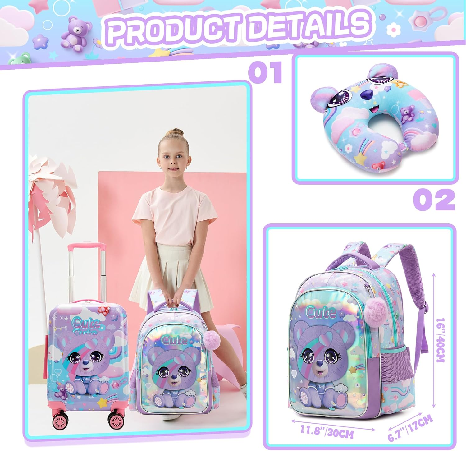 Homskiii Kid'S Luggage Set 5 Piece Suitcase Set 16" Hardside Luggage with Spinner Wheels Girls Boys Carry on Rolling Suitcase, a Bear, 16Inch - A Cat image number 2