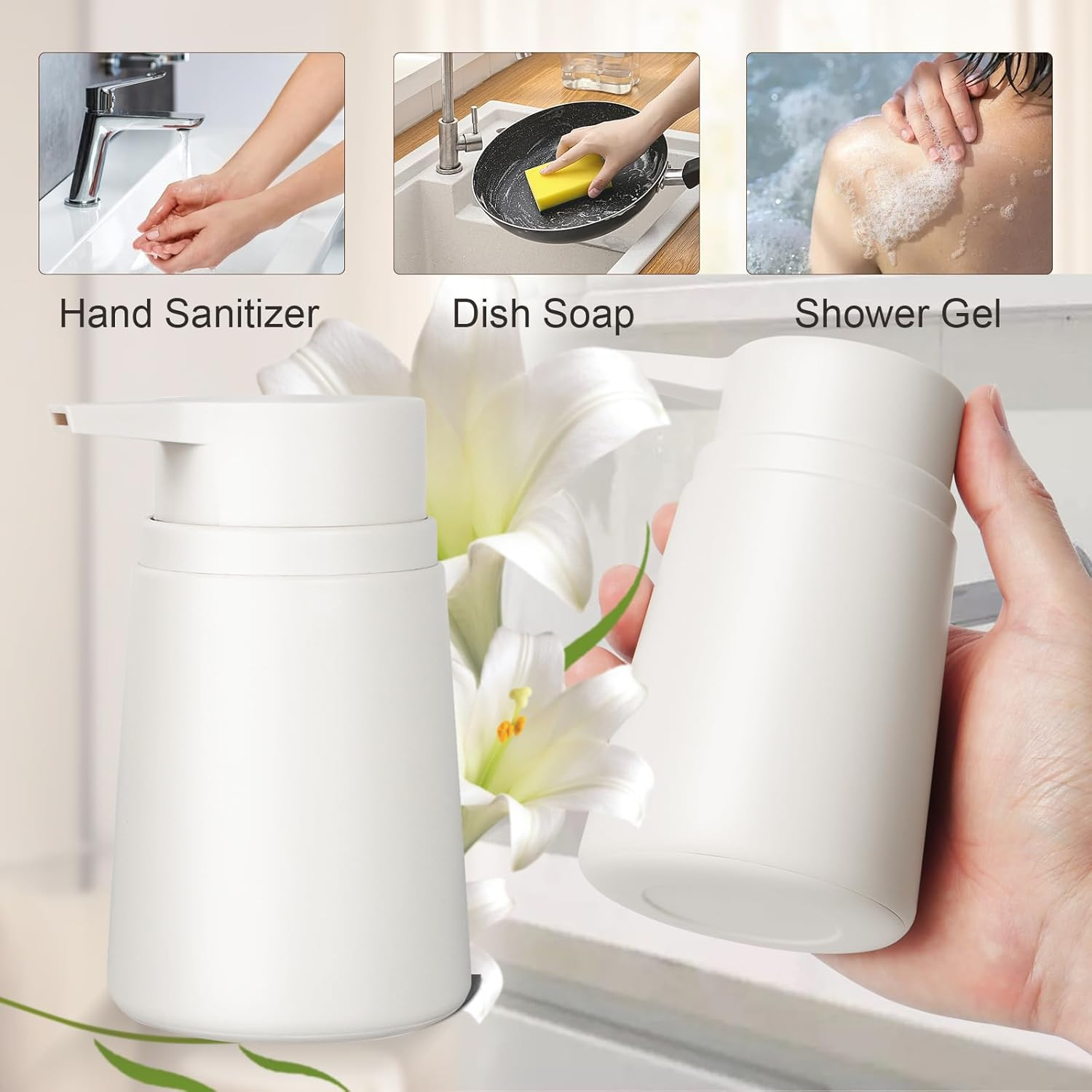 Topsky Soap Dispenser with Plastic Pump, 320Ml Liquid Hand Soap Dispenser, Rustproof Pump for Kitchen & Bathroom, Great for Lotions, Essential Oil, Liquid Soaps, 2 Pack (White) image number 6