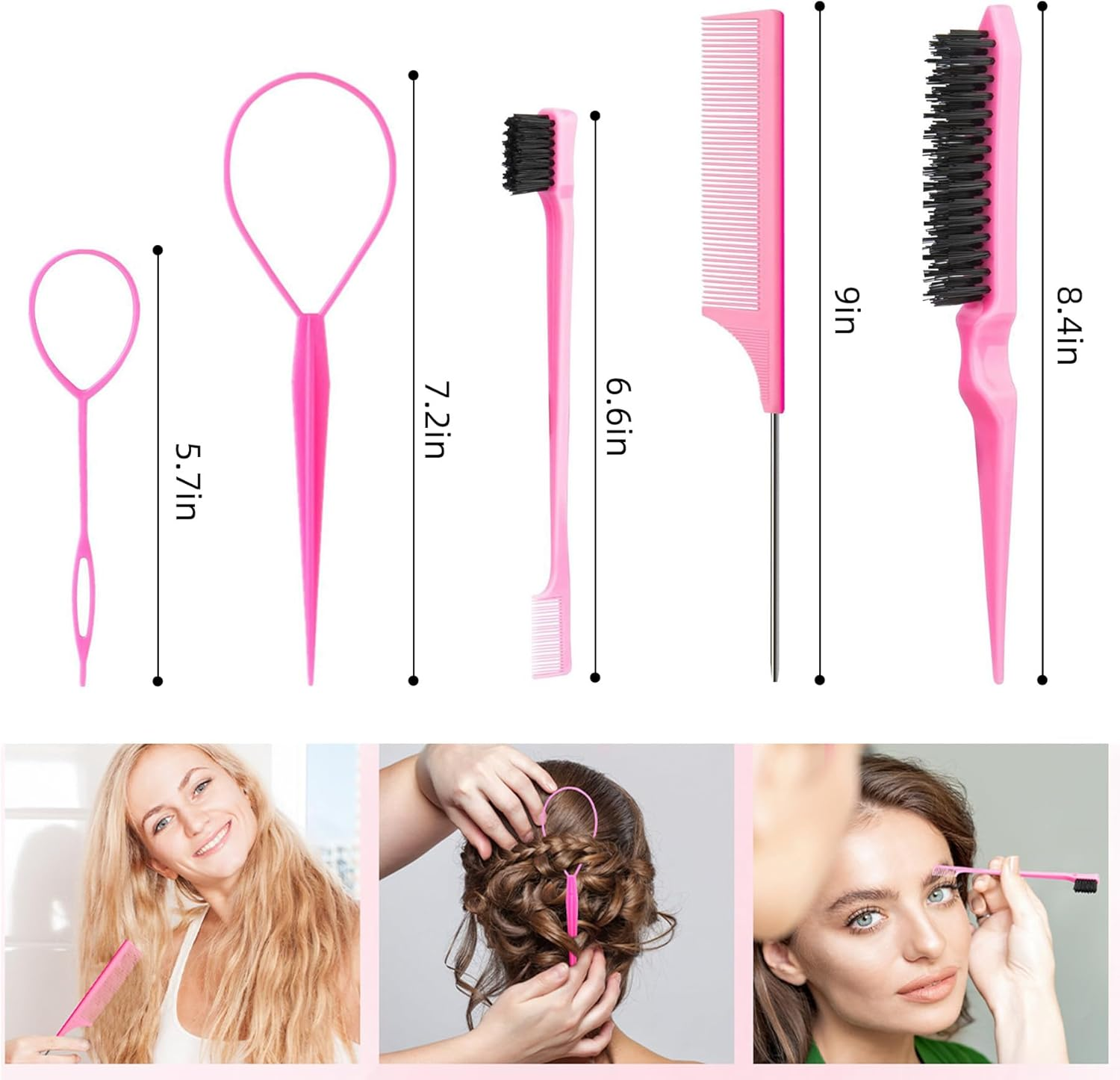 6 Pcs Hair Styling Tools Set - Topsy Tail Hair Tool, Rat Tail Comb, Slick Back Brush, Baby Hair Brush, Edge Brush, Smoothing Comb for Women Girls - 9-Piece Braiding Tool Set With Steel Needle And Highlight Comb image number 6