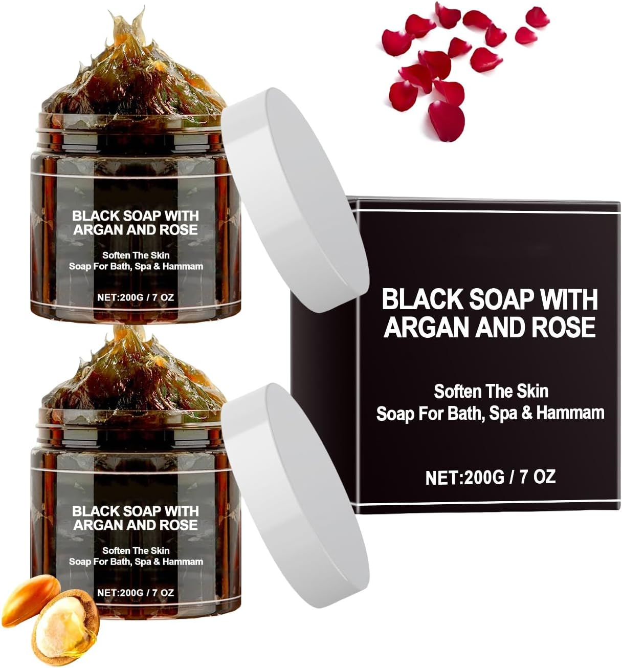 Black Soap with Argan and Rose, Exfoliating Body Cleanser, Gentle Cleansing, 100% Natural, Hydration & Moisturizing, Soften the Skin, Black Soap for Bath, Spa & Hammam, Fresh Fragrance (1Pcs)