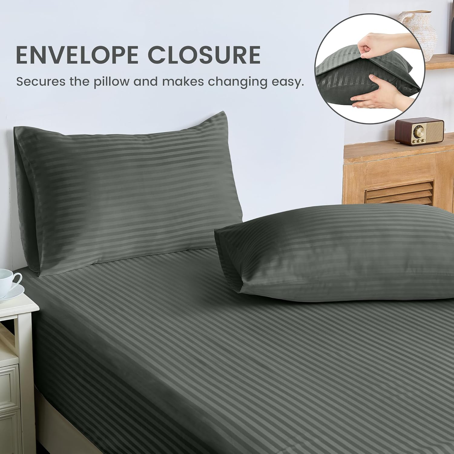 LINENOVA Luxury Stripe Bed Sheet Set King &ndash; 4 Piece Hotel-Quality 2000TC Ultra-Soft Microfibre &ndash; 40Cm Deep Fitted Sheet, Flat Sheet & Pillowcase &ndash; Deep Grey