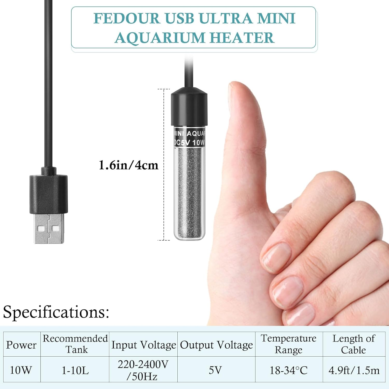 PYPABL 10W Super Mini USB Aquarium Heater, Small Adjustable Heater for Small Fish Tank 1-10L, with External Controller, Betta Heater for Fish Bowls image number 5