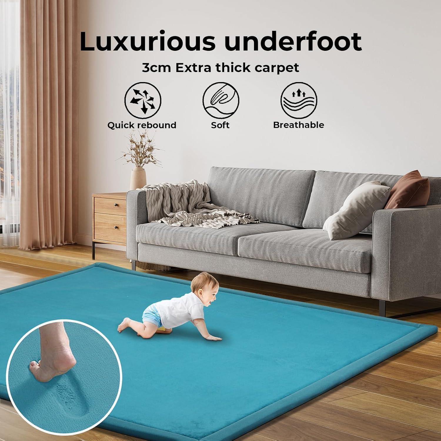 Marlow 120&times;200Cm Coral Velvet Area Rug,3Cm Thick Non-Slip Fluffy Short Pile Crawling Rug, Baby Play Mat,Nursery Modern Washable Soft Rug Yoga Tatami Mat for Children'S Room, Living Room，Bedroom (Blue) image number 2