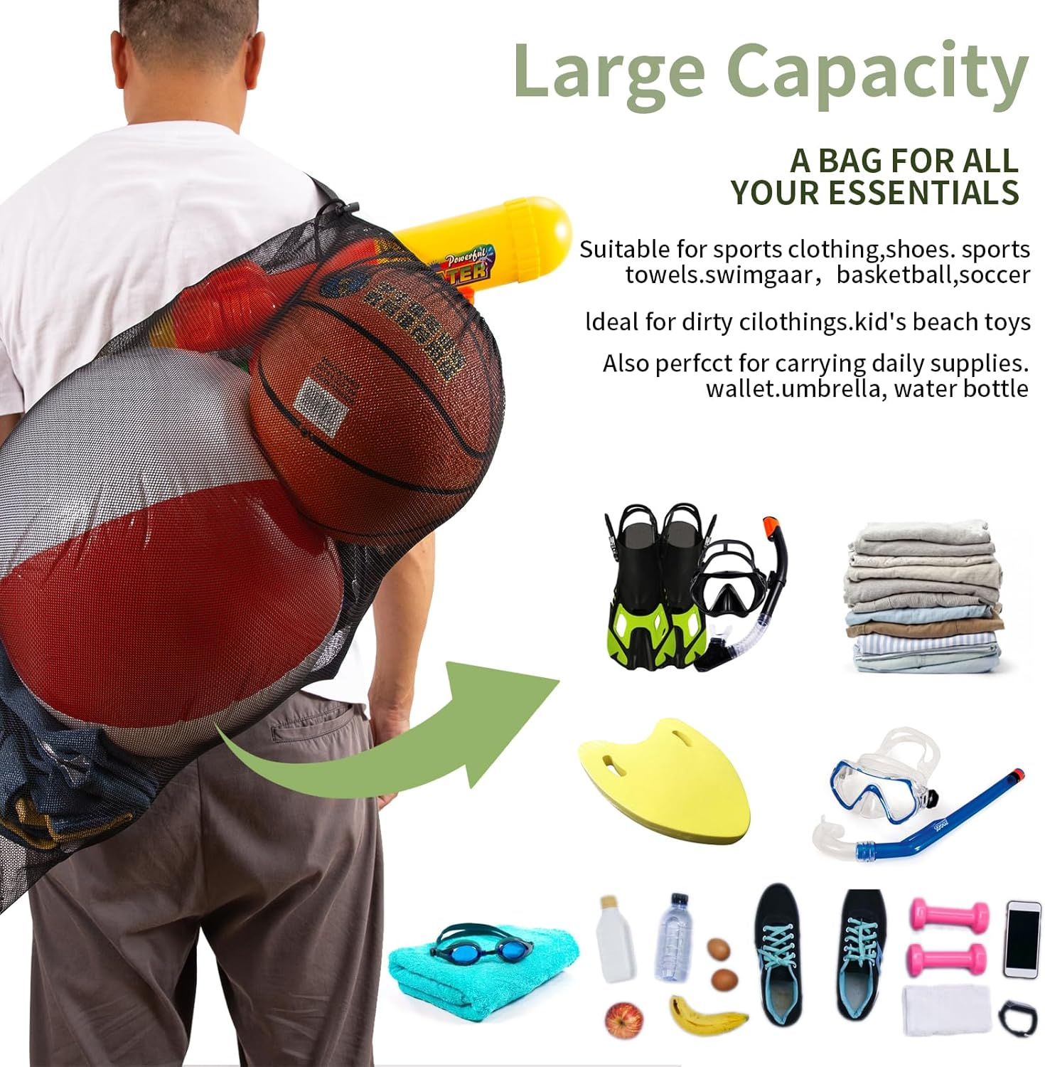 Extra Large Ball Bag Mesh, 101.6 X 76.2 Cm Heavy Duty Sports Bag for Basketball Soccer Volleyball Football, Adjustable Shoulder Strap, Team Balls Equipment Carrier, 600D Heavy Duty Mesh (Large) image number 2