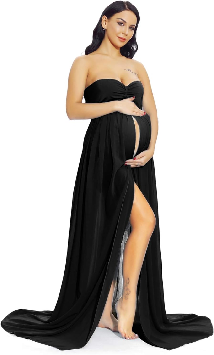 ZIUMUDY Maternity Chiffon Strapless Maxi Photography Dress Split Front Gown for Photoshoot image number 1