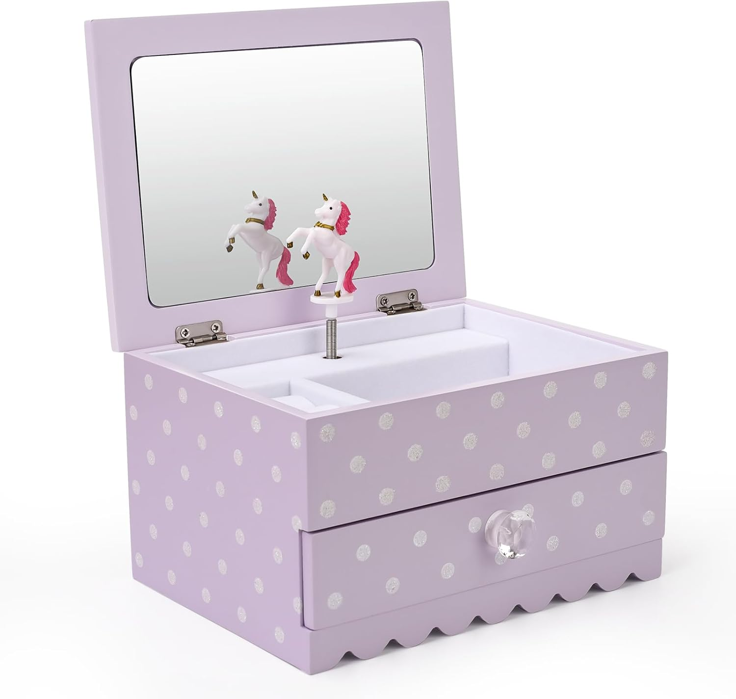 Bella Unicorn Musical Jewelry Box for Girls and Teens &ndash; Painted Wood Box with Sparkling Polka Dots &ndash; Dancing Little Unicorn &ndash; Charming Room D&eacute;cor and Childhood Memories Keepsake Box (White)