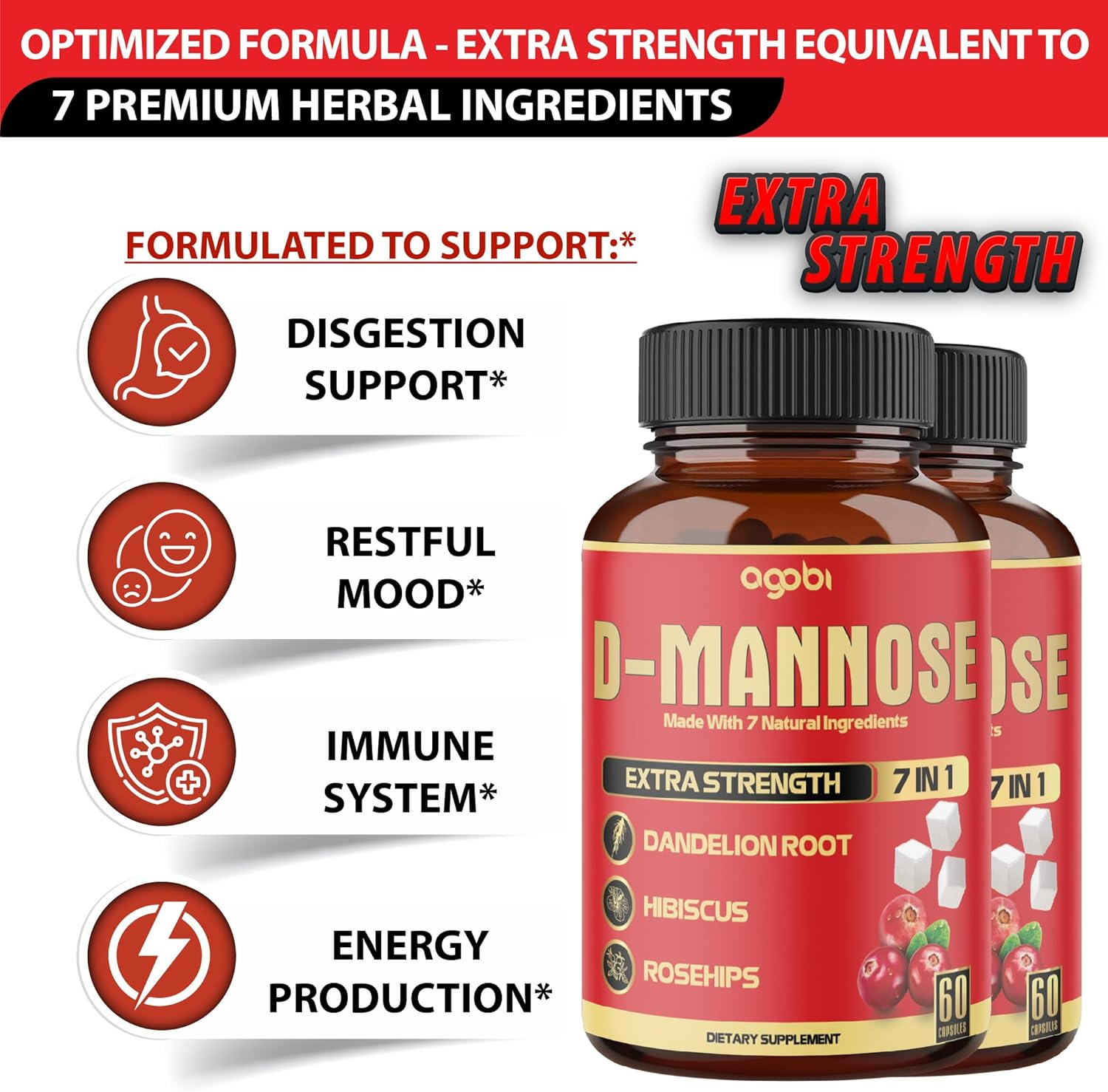 2 Packs 60 Counts 4 Months - D-Mannose Extract Capsules - Urinary Tract Health & Wellness Support - 7In1 with Cranberry, Dandelion, Hibiscus & More