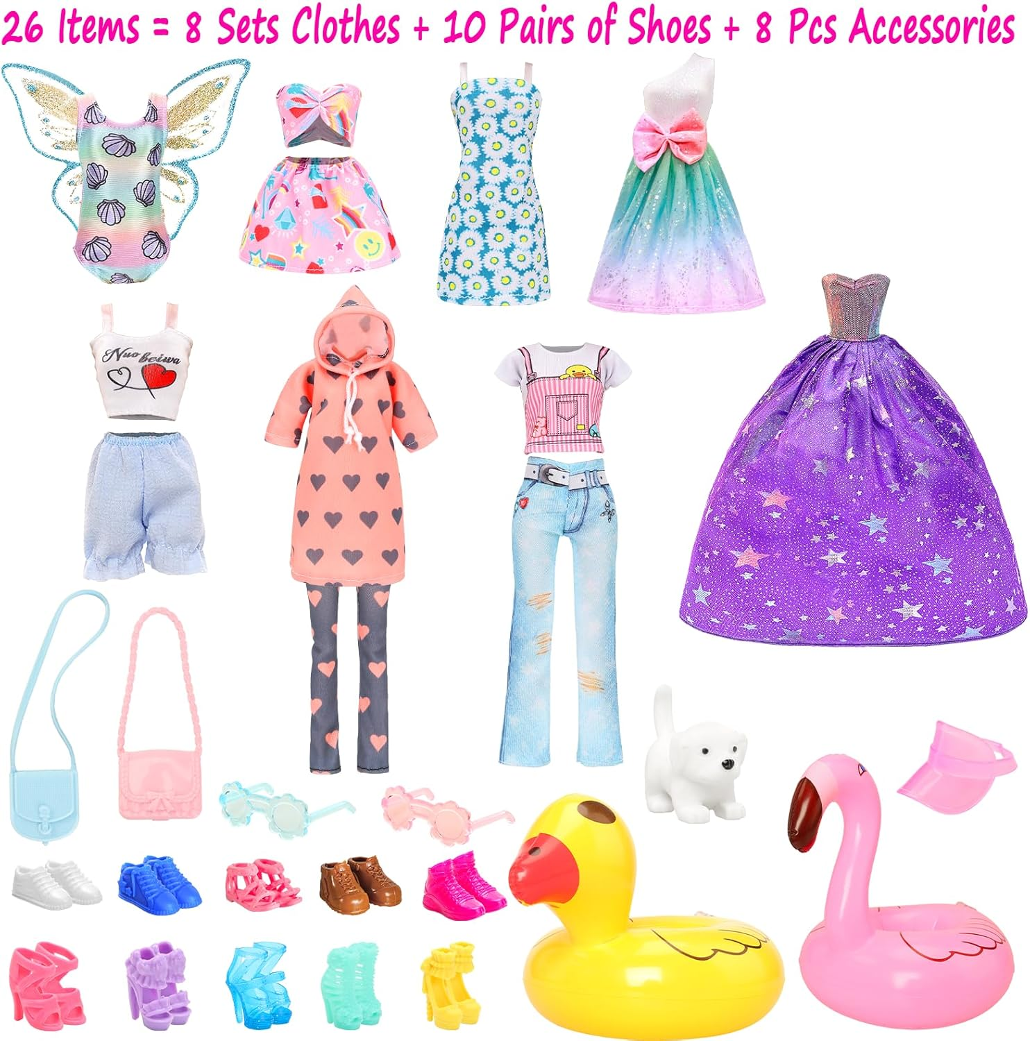 Barwa 8 Fashion Clothes Dresses + 10 PCS Shoes + 8 Accessories for 11.5 Inch 30 CM Dolls