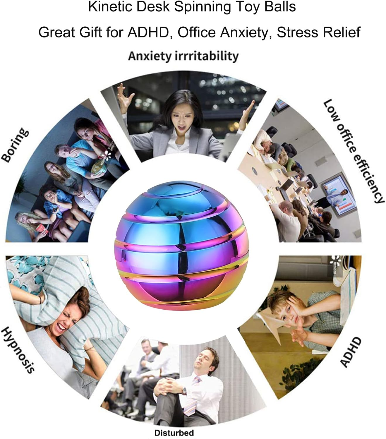 Yichenxi Kinetic Desk Spinning Toy Balls, Office Anxiety Fidget Toy for Adults, Optical Illsion Desktop Cool Gadgets for ADHD, ADD, Stress Relief (Rainbow A), TB-4 image number 3