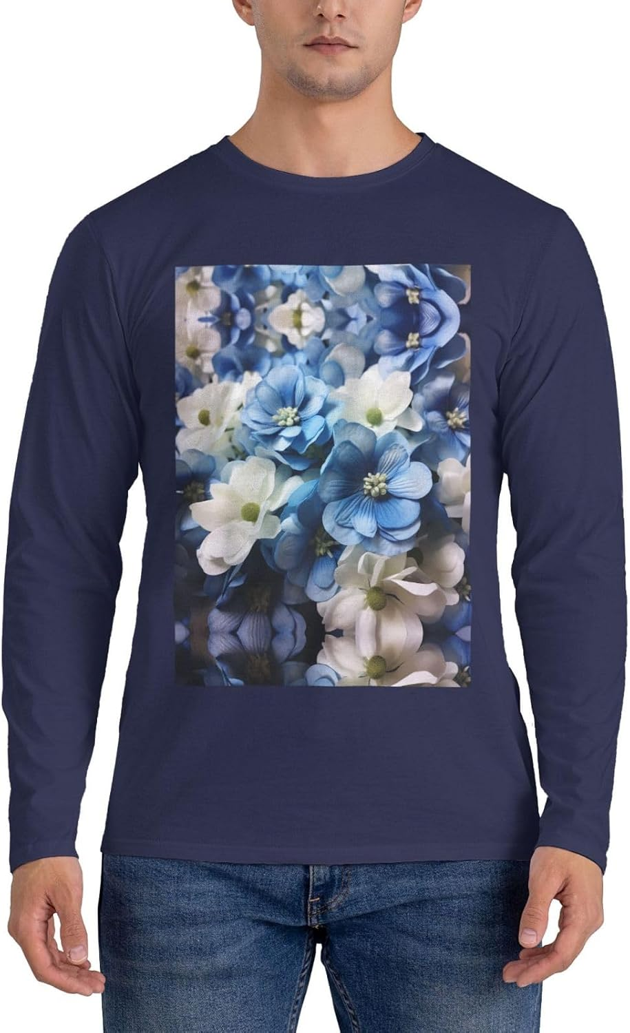 Blue White Flower Men'S round Neck Long Sleeved T-Shirt Casual Long Sleeved Men'S T-Shirt without Pockets