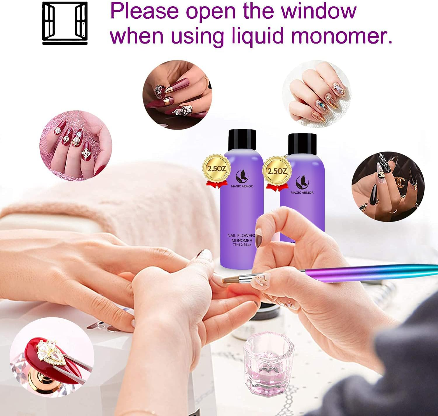 MAGIC ARMOR Acrylic Liquid Monomer 2Pcs 75Ml for Acrylic Gel Nails Professional Acrylic Powder Acrylic Liquid Low Odor Liquid Monomer Nail System for Acrylic Nails Extension Quick Dry Time